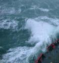 This image shows the USCGC <I>Healy</I> breaking through the Bering Sea waves.