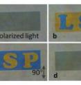 To demonstrate their work, researchers at Harvard created a plate of chromatic plasmonic polarizers that spells out the acronym "LSP." Under light of different polarizations, the letters and the background change color. The image at far right shows the antennas themselves, as viewed through a scanning electron microscope.