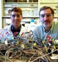 Postdoctoral fellow Younggy Kim, Roland Cusick, graduate student in environmental engineering, and Bruce E. Logan, Kappe Professor of Environmental Engineering, Penn State behind a series of microbial reverse-dialysis cells and accompanying wiring.