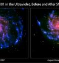 These images from Swift's Ultraviolet/Optical Telescope (UVOT) show the nearby spiral galaxy M101 before and after the appearance of SN 2011fe (circled, right), which was discovered on Aug. 24, 2011. At a distance of 21 million light-years, it was the nearest Type Ia supernova since 1986. Left: View constructed from images taken in March and April 2007. Right: The supernova was so bright that most UVOT exposures were short, so this view includes imagery from August through November 2011 to better show the galaxy.