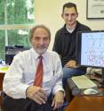 Pictured are Eli Yablonovitch and Owen Miller, who worked out the theory for the new solar cell efficiency.  The monitor in the picture illustrates the new physics concept where increased light emission yields higher efficiency.