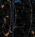 In 2008 in the northern hemisphere of the sun (left) Hinode observed large patches of negative polarity, shown in orange. In 2011, the same area showed much smaller patches and a more even distribution of negative and positive (blue) regions.