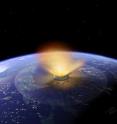 This image shows an artist’s depiction of a 10-kilometer (six-mile) diameter asteroid striking the Earth. Approximately 70 of these dinosaur killer-sized or larger impacts hit the Earth over a span that lasted between 3.8 and 1.8 billion years ago. They are capable of producing a global millimeter- to centimeter-thick rock layer that contains impact debris: sand-sized droplets, or spherules, of molten rock that rained down from the huge molten plumes made by the mega-impact.