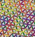 Colored patches represent parallelogram outlines around pairs of triangles that have formed chiral super-structures. Parallelograms having different "handedness" and orientations are color-coded and superimposed over each other. Colored patches represent parallelogram outlines around pairs of triangles that have formed chiral super-structures. Parallelograms having different "handedness" and orientations are color-coded and superimposed over each other.