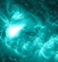 The Solar Dynamics Observatory captured this image of an M1.2 class flare on June 13, 2012. The sun is shown here in teal as this is the color typically used to represent light in the 131 Angstrom wavelength, a wavelength particularly good for observing flares.