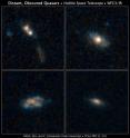 The galaxies in these four images have so much dust surrounding them that the brilliant light from their quasars cannot be seen in these Hubble Space Telescope images. Quasars are the brilliant beacons of light that are powered by black holes feasting on captured material, and in the process, heating some of the matter to millions of degrees. The images at top right, bottom left, and bottom right reveal three of the survey's normal-looking galaxies that host quasars. Only one galaxy in the sample, at top left, shows evidence of an interaction with another galaxy. The two white blobs are the cores from both galaxies. A streamer of material, colored brown and blue, also lies below the merging galaxies.The galaxies existed roughly eight billion to 12 billion years ago, during a peak epoch of black-hole growth. The galaxies' masses are comparable to our Milky Way's. The blue patches are star-forming regions. The brown areas are either dust or old stars. The images were taken by Hubble's Wide Field Camera three between 2011 and 2012.