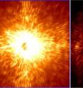 This figure shows two images of HD 157728, a nearby star 1.5 times larger than the sun. The star is centered in both images, and its light has been mostly removed by the adaptive optics system and coronagraph. The remaining starlight leaves a speckled background against which fainter objects cannot be seen. On the left, the image was made without the ultra-precise starlight control that Project 1640 is capable of. On the right, the wavefront sensor was active, and a darker square hole formed in the residual starlight, allowing objects up to 10 million times fainter than the star to be seen. Images were taken on June 14, 2012, with Project 1640 on the Palomar Observatory's 200-inch Hale telescope.