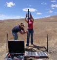 Rebecca Harrington, Geophysical Institute, and Peter Duffner, Black Forest Observatory Schiltach, install a seismic station near Cholame, Calif.