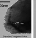 This is a traditionally etched tungsten STM probe (left), sharpened to a 1-nanometer point after bombarding it with ions (right).