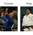 Olympic athletes displaying expressions of triumph (left) and pride (right) after winning a medal match. These photographs were used in a new study, which suggests that the victory pose humans make after a contest or challenge (see left) signals feelings of triumph, challenging previous research that labeled the expression pride. The research, led by David Matsumoto, finds that nonverbal expressions of triumph (left) are universal across cultures, look different to displays of pride (right) and occur immediately after a win. Expressions of pride kick in a few seconds later.