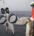 Researchers lower plankton nets over the side during a scientific expedition in northern waters.