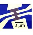 At left, the active area of magnetic topological insulator (dark gray) is 3 microns across and only 70 atoms thick. The blue background is an insulating gate dielectric and the yellow regions are metallic electrodes. At right, the internal magnet favors the "off" state of the transistor on the left. This is evidence for a new type of magnetic semiconductor. At left, the active area of magnetic topological insulator (dark gray) is 3 microns across and only 70 atoms thick. The blue background is an insulating gate dielectric and the yellow regions are metallic electrodes. At right, the internal magnet favors the "off" state of the transistor on the left. This is evidence for a new type of magnetic semiconductor.