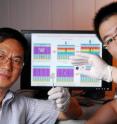 Georgia Tech professor Zhong Lin Wang (left) and Ph.D. candidate Sihong Wang hold components of a new self-charging power cell that uses piezoelectric materials to directly convert mechanical energy to chemical energy. The chemical energy can be released as electricity.