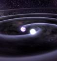 This is an artist's conception of J0651 with ripples to demonstrate how the white dwarf pair is emitting gravitational waves.