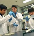 ASU's iGEM team members work to develop two low-cost devices to detect contaminated water. This is (L-R) Nisarg Patel, Hyder Hussein, Ryan Muller.