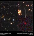 In the big image at left, the many galaxies of a massive cluster called MACS J1149+2223 dominate the scene. Gravitational lensing by the giant cluster brightened the light from the newfound galaxy, known as MACS 1149-JD, some 15 times. At upper right, a partial zoom-in shows MACS 1149-JD in more detail, and a deeper zoom appears to the lower right.