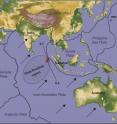 This map of the Indian Ocean region shows boundaries of Earth's tectonic plates in the area, and the epicenters (red stars) of two great earthquakes that happened April 11, 2012. A new study from the University of Utah and University of California, Santa Cruz, says the main shock measured 8.7 in magnitude, about 40 times larger than the previous estimate of 8.6. An 8.2-magnitude quake followed two hours later.The scientists explain how at least four faults ruptured during the 8.7 main shock, and how both great quakes are likely part of the breakup of the Indo-Australian Plate into separate subplates. The northeastward-moving plate is breaking up over scores of millions of years because the western part of the plate is bumping into Asia and slowing down, while the eastern part is sliding more easily beneath Sumatra and the Sunda plate.