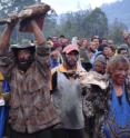 Enga clan members in Papua New Guinea offer pieces of pork in a 2011 village court compensation ceremony to settle a homicide case without starting a war among clans. The ceremony took place near the Enga provincial capital of Wabag.