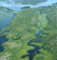 This is an aerial view of the southern Quebec lakes where researchers have found ancient carbon resurfacing.