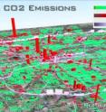 Researchers at Arizona State University and Purdue University created a visualization of the Hestia system that shows the hourly, building-by-building dynamics of CO2 emissions in the city of Indianapolis, Indiana.