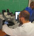 A University of Nevada, Reno research team has developed a new environmentally-friendly self-healing coating for aluminum that can be used for defense and aerospace applications. Graduate students David Rodriquez and Dev Chidambaram, principal investigator, are studying an aluminum sample after the scratch test using a Raman microspectroscope to show the presence of molybdate in the scratched region.