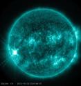 A solar flare on Oct. 22, 2012, as captured by NASA's Solar Dynamics Observatory in the 131 Angstrom wavelength. This wavelength of light is used for observing solar material heated to 10 million degrees Kelvin, as in a solar flare. The wavelength is typically colorized in teal, as it is here.