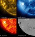 By observing the sun in a number of different wavelengths, NASA's telescopes can tease out different aspects of events on the sun. These four images of a solar flare on Oct. 22, 2012, show from the top left, and moving clockwise: light from the sun in the 171 Angstrom wavelength, which shows the structure of loops of solar material in the sun's atmosphere, the corona; light in 335 Angstroms, which highlights light from active regions in the corona; a magnetogram, which shows magnetically active regions on the sun; light in the 304 Angstrom wavelength, which shows light from the region of the sun's atmosphere where flares originate.