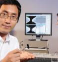 Georgia Tech graduate student Songhil Kim holds a silicon substrate with an array of electrodes used in the research on connecting multi-walled carbon nanotubes. In the background, Matthew Henry studies an electron microscope image of the metal electrode array connected via a carbon nanotube.