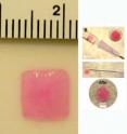 Left: A fully collapsed square-shaped cryogel rapidly regains its original memorized shape, size, and volume upon hydration. Right: Photos show the placement of a cryogel inside a 1-mL syringe, and the recovery of a square gel after injection through a normal 16-gauge needle.
