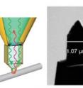 A new microscopy tool promises to revolutionize nanoscale imaging. Left, a design schematic of the so-called "campanile" microscopy tip. Right, an electron micrograph of the tip and, inset, the UC Berkeley campanile bell-tower for which it is named.
