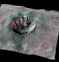 In this three-dimensional image of one of Vesta’s smaller craters, the dark material can be seen within the crater.
