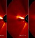 This triptych shows a coronal mass ejection or CME as it burst off of the sun in the morning of Jan. 13, 2013. The images were captured by NASA's Solar Terrestrial Relations Observatory (STEREO).