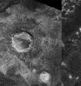 This image taken with the Cassini radar instrument shows two craters on Titan: the crater Sinlap (left), which is a relatively 'fresh' crater, with a depth-to-diameter ratio close to what we see on Ganymede, and Soi (right), an extremely degraded crater, with a very small depth compared to similar craters on Ganymede. These craters are both about 80 km (almost 50 miles) in diameter. The Sinlap image was taken on Feb. 15, 2005. The Soi image is a mosaic of two images from May 21, 2009 and July 22, 2006. 
MORE TITAN IMAGERY: 	<a href="http://saturn.jpl.nasa.gov/photos/?subCategory=10">http://saturn.jpl.nasa.gov/photos/?subCategory=10</a>