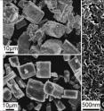ORNL researchers developed a nanoporous solid electrolyte (bottom left and in detail on right) from a solvated precursor (top left).  The material conducts ions 1,000 times faster than its natural bulk form and enables more energy-dense lithium ion batteries.
