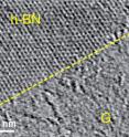 This is a scanning transmission electron microscope image shows a razor-sharp transition between the hexagonal boron nitride domain at top left and graphene at bottom right in the 2-D hybrid material created at Rice University.