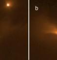 Hubble Space Telescope 1.6 micron images taken at two epochs corresponding to pulse phases of 0 (a) and 0.3 (b). North is up and east is to the left. LRLL 54361 is the extended source to the lower left; the point source at upper right is another young stellar object, LRLL 1843. The light from LRLL 54361 subtends roughly 14" (~4000 AU at the distance of the IC 348 region) in (a), and about 50" (~15,000 AU) in (b). Most if not all of this light is likely the result of scattering of circumstellar dust in the protostellar envelope. An apparent edge-on disk is visible in the center, and 3 separate structures indicative of outflow cavities extend to the northwest, southwest, and northeast. The extent and morphology of the scattered light changes substantially between epochs as a result of the propagation of the pulse peak light.