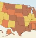 By 1975, many states had lowered the minimum legal drinking age from 21 (shown in yellow) to 18 (brown) or 19 (orange).