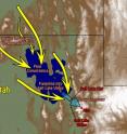 This map shows how mountains surrounding Utah's Great Salt Lake interact with the lake to cause some "lake-effect" snowstorms. Air masses from the north-northwest are channeled by mountains north of the lake so they converge above the lake. The air picks up heat and moisture from the lake, so it rises, cools and produces snow as it is funneled into the Salt Lake Valley by surrounding mountains.