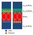 For the first time, researchers have designed a special material interface that has been shown to add to and to improve the functioning of non-silicon-based electronic devices, such as those used in certain kinds of random access memory (RAM). According to Qi Li, a professor of physics at Penn State University and the leader of the research team, the new method could be used to design improved, more-efficient, multilevel and multifunctional devices, as well as enhanced nanoelectronic components -- such as non-volatile information storage and processing; and spintronic components -- an emerging technology that uses the natural spin of the electron to power devices. This schematic drawing illustrates the multiferroic tunnel junction of two polarization configurations. The red layer is the ferroelectric barrier and the green layer is the interface that undergoes metal-to-insulator as well as magnetic-phase transition when the barrier polarization is reversed.