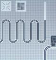 This is a schematic diagram of part of the
superconducting chip. The wavy line is the
superconducting cavity. The piece in the bottom right is the superconducting switch.