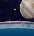 <p>Based on new evidence from Jupiter's moon Europa, astronomers hypothesize
that chloride salts bubble up from the icy moon's global liquid ocean and
reach the frozen surface where they are bombarded with sulfur from
volcanoes on Jupiter's largest moon, Io. The new findings propose answers
to questions that have been debated since the days of NASA's Voyager and
Galileo missions. This illustration of Europa (foreground), Jupiter (right) and Io (middle) is an artist's concept.