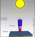 The figure shows that the sun's rays are drawn into a nanowire, which stands on a substrate. At a given wavelength the sunlight is concentrated up to 15 times. Consequently, there is great potential in using nanowires in the development of future solar cells.