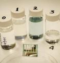 Georgia Tech has created a recyclable solar cell on nanocellulose substrates made from trees. Also pictured are vials that contain the different parts of the cell after it was dissolved in water and the organic solvent.