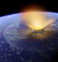 An artist's depiction shows a comet striking coastal Yucatan, forming the giant Chicxulub impact crater and causing the extinction of the non-avian dinosaurs.