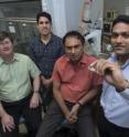 Rice University researchers show a small sample of liquid crystal silicone that has been drastically toughened through repeated compression. From left: Walter Chapman, Aditya Agrawal, Pulickel Ajayan and Rafael Verduzco.