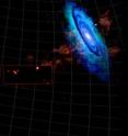 This combined graphic shows new, high-resolution GBT imaging (in box) of recently discovered hydrogen clouds between M31 (upper right) and M33 (bottom left).