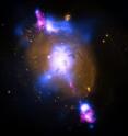 The intense gravity of a supermassive black hole can be tapped to produce immense power in the form of jets moving at millions of miles per hour.  A composite image shows this happening in the galaxy known as 4C+29.30 where X-rays from Chandra (blue) have been combined with optical (gold) and radio (pink) data.  The X-rays trace the location of superheated gas around the black hole, which is estimated to weight 100 million times the mass of our Sun. Some of this material may eventually be consumed by the black hole, and the magnetized, whirlpool of gas near the black hole could in turn, trigger more output to the radio jet. The optical light image shows the stars in this galaxy.  A torus of gas and dust surrounds the black hole and blocks most of the optical light coming from there.  Because of this, astronomers refer to this type of source as a hidden or buried black hole.