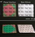 This image shows how moth-inspired nanostructures stop thin-film interference by blocking reflected light. The images on the far right show a slide with no thin film. The images in the middle show the slide coated with thin films. Note how thin-film interference results in a variety of colors. The images on the left are of the slide coated with thin films containing the nanostructures. Note the absence of color, and significantly less reflected light.