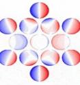 Gold discs tuned to capture the energy from two incoming beams of light can produce output of a third color. Here a computer animation shows how the electromagnetic wave (red=positive, blue=negative) from the incoming light propagates through the system as a series of plasmonic waves.