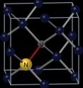 This image represents the nitrogen-vacancy center in the atomic arrangement of diamond. The dark spheres are carbon atoms and the yellow sphere is a nitrogen atom. The "V" is the nitrogen-vacancy center, from which a nitrogen atom has moved to replace a nearby carbon atom. Teams led by the University of Chicago's David Awschalom are exploiting this atomic defect to develop new quantum technologies.
